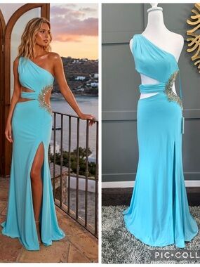 NWT MAC DUGGAL 68936 Turquoise BEADED Gown size 2  ONE OF A KIND SAMPLE